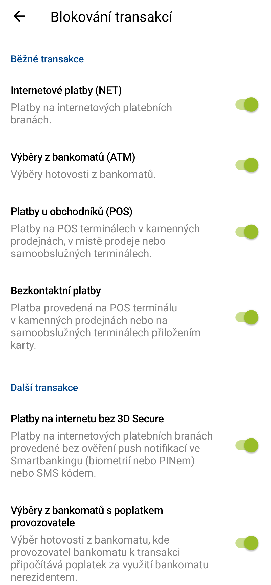 Blokování karetních transakcí ve Smartbankingu