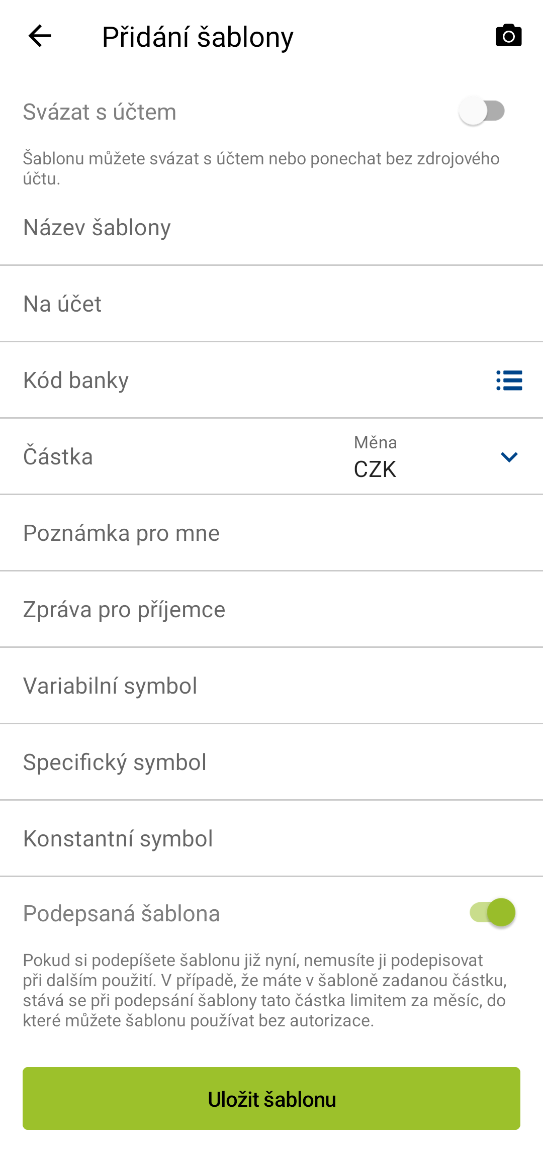 Šablony ve Smartbankingu