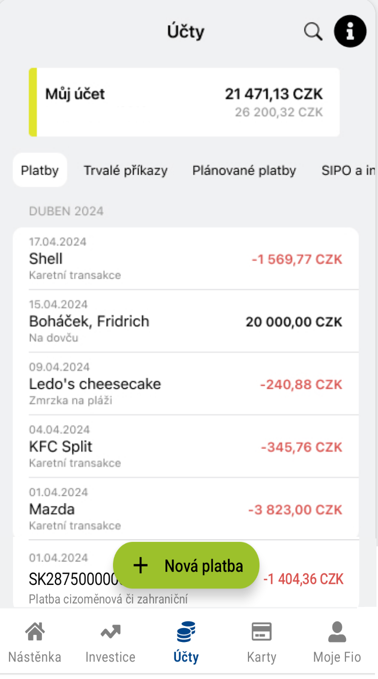Sekce Účty