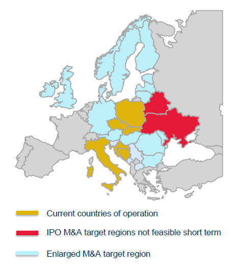 Mapa s trhy, na kterých společnost působí (zlaté), o kterých nyní  uvažuje (modré) a kterým se vzhledem k aktuálním problémům vyhne (červené)